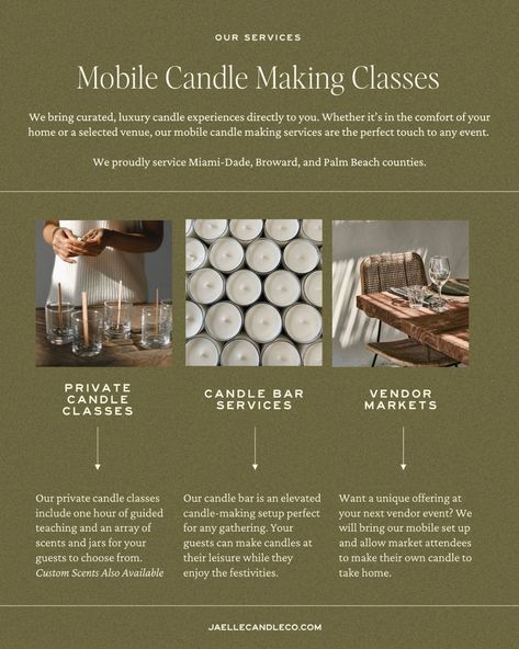 Do you have a special occasion coming up? Discover our three signature services designed to prioritize self-care and community: ✨ Private Candle Classes: Enjoy personalized, hands-on candle-making sessions in an intimate setting. ✨ Candle Bar Services: Create your own candles at your leisure during any gathering or event. ✨ Vendor Markets: Bring our unique mobile setup to your next market and let attendees craft their own candles. We curate each experience to promote relaxation and ensure a... Candle Bar, Vendor Events, Bar Service, Palm Beach County, Luxury Candles, Candle Making, Hands On, Service Design, Self Care