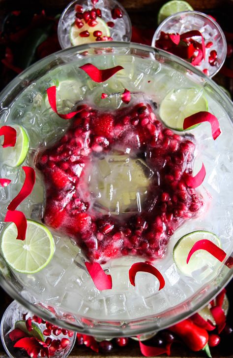 Christmas Margarita Punch - Heather Christo Christmas Margarita Punch, Christmas Punch Bowl, Blackberry Rum, Margarita Punch Recipe, Christmas Pomegranate, Holiday Drink Ideas, Bourbon Punch, Sorority Christmas, Recipes For Hosting