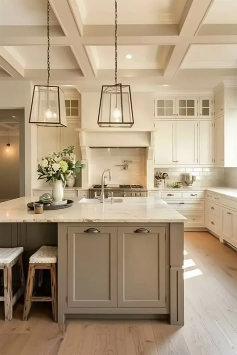 48 Neutral Kitchen Ideas to Fuel Your Inspiration - DecorWithEva Classic Home Interiors Kitchen, Tan Island White Cabinets, Mushroom Colored Kitchen Island, White Kitchen Cabinets With Tan Island, Kitchen Design Marble White, Serene Kitchen Ideas, White Kitchen Cabinets With Beige Quartz, Khaki And White Kitchen, White Kitchen Light Oak Floors