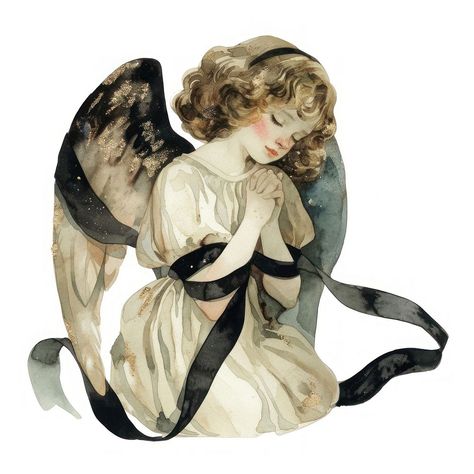 Praying angel watercolor illustration | free image by rawpixel.com / Boom Angel Watercolor, Adult Aesthetic, Tattoo Sheets, Black Coquette, Aesthetic Angel, Watercolor Angel, Angel Illustration, Praying Angel, Instagram Layout