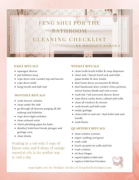 Bathroom Feng Shui, Cleaning Checklist Daily, Bathroom Checklist, Bathroom Cleaning Checklist, Wash Shower Curtain, Feng Shui Bathroom, Sink Counter, How To Feng Shui Your Home, Cleaning Checklist Printable