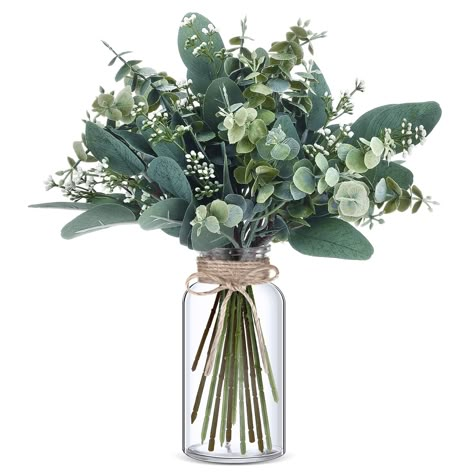 PRICES MAY VARY. Package Included: our artificial eucalyptus includes 10 artificial oval eucalyptus leaves stems with white seed stems and 10 green artificial eucalyptus leaf stems and 1 clear glass vase with twine drawstring decoration, this convenient the packaging allows you to use these mixed artificial eucalyptus stems to brighten your space, and the included glass bottle adds to your decoration Durable Material: these artificial eucalyptus stems are made of plastic, imitating the texture a Sage Green And Grey Wedding Centerpieces, Floral Arrangements Eucalyptus, Eucalyptus In Bathroom Decor, Sage Green Table Centerpieces, Sage And Gold Table Decor, Eucalyptus Room Decor, Simple Spring Wedding Centerpieces, Sage Centerpieces Wedding, Clear Jar Decor