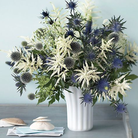 Silver Echinops (Globe Thistle), Spiky blue-steel eryngium (Sea Holly), Feathery White Flowers (Astilbe) Summer Wedding Centerpieces, Purple Flower Arrangements, Summer Flower Arrangements, July Flowers, White Flower Arrangements, Unique Flower Arrangements, Sea Holly, Daucus Carota, Deco Floral