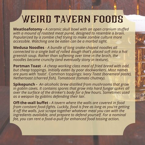 Dnd Tavern Food, Dnd Carnival Games, Dnd Food Ideas, Tavern Food, Dnd Food, Dnd Languages, Watercolor Food Illustration, Dnd Races, Dungeon Master's Guide