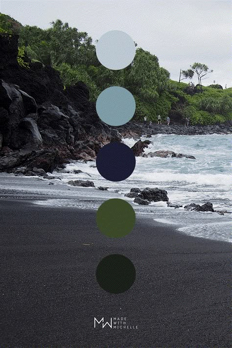 Blue and green color palette inspired by nature. Photo taken at a black sand beach on Maui Hawaii. #colorscheme #logodesign #interiordesign #brandinginspiration #madewithmichelle Moss Green And Blue Color Palette, Colors That Make You Happy, Blue Green Brown Black Color Palette, Hawaii Colour Palette, Moody Beach Color Palette, Blues And Greens Color Palette, Oregon Coast Color Palette, Blue And Green Brand Color Palette, Blue Green Black Color Palette