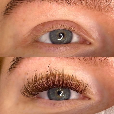 Brown Eye Lash Extensions Styles, Ginger Eyelash Extensions, Ginger Lash Extensions, Brown Lash Extensions Eyelashes, Brown Eyelash Extensions, Extensions Blonde Hair, Brown Lash Extensions, Brown Eyelashes, Natural Looking Eyelash Extensions