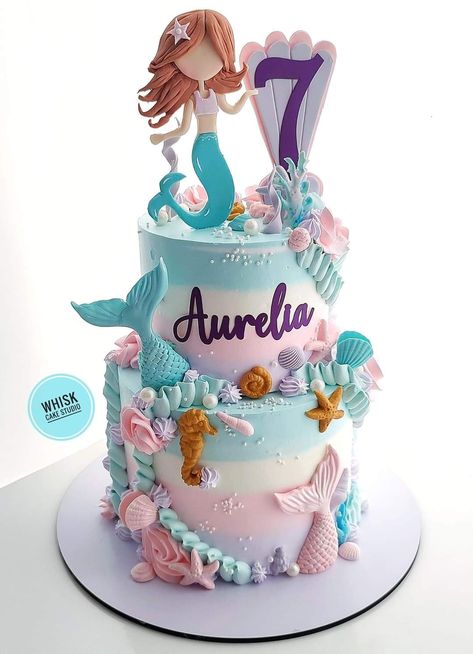 Dive Into 5 Birthday Cake, Baby Cake Design, Ariel Cake, 9th Birthday Cake, 7th Birthday Cakes, Petal Cake, 5th Birthday Cake, Mermaid Birthday Party Decorations, Mermaid Birthday Cakes