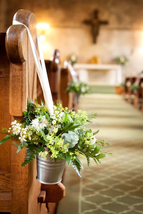 Zinc pew end bucket in Mayfield Chapel More Church Pew Wedding Decorations, Church Pew Flowers, Rustic Church Wedding, Wedding Flower Arrangements Church, Church Wedding Decorations Aisle, Wedding Pew Decorations, Church Aisle Decorations, Pew Flowers, Wedding Church Decor