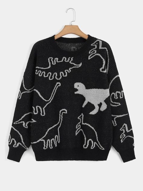 SHEIN EZwear Plus Dinosaur Pattern Drop Shoulder Sweater | SHEIN USA Fabric Dinosaur, Dinosaur Pattern, Plus Size Sweaters, Black Casual, Dinosaurs, Drop Shoulder, Fall Winter, Plus Size, Collar