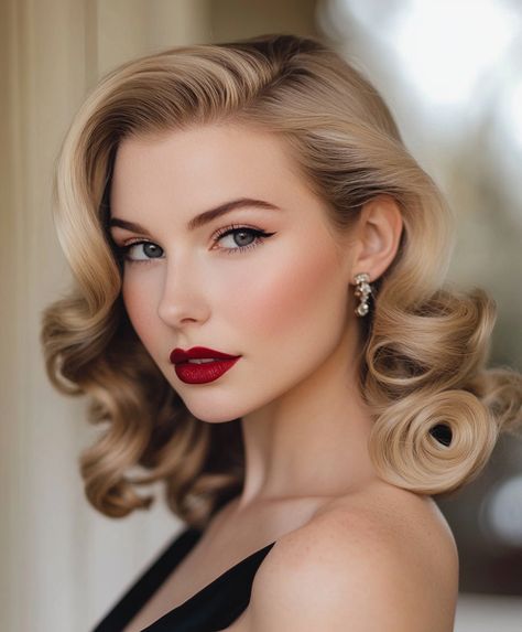 seasonal hair inspo Old Hollywood Glam Hair Brunette, Wedding Hairstyles 60s, 50s Wedding Hairstyles, Vintage Curls Wedding Hair, Vintage Hollywood Hair Wedding, 50s Bridal Hair, Short Hollywood Curls, 1920s Bridal Hair, Hollywood Glam Short Hair