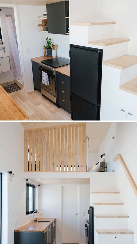 Discover the kitchen in the iBot tiny house with some neat hidden storage facilities! Tiny House Loft Ideas, Tiny House Loft, Small Apartment Design, Micro House, Tiny House Kitchen, Container House Plans, Dressing Room Design, House Kitchen, House Goals