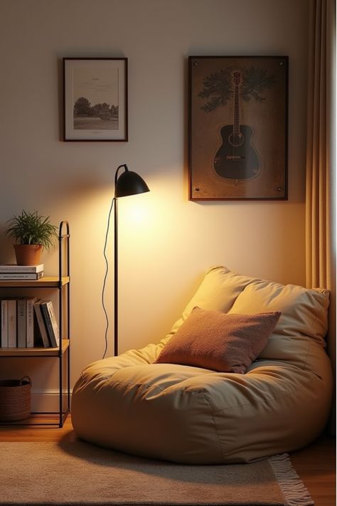 Basement reading corner with bean bag and industrial shelving How To Make A Reading Corner, Reading Nook Bean Bag, Unused Corner Ideas, Cozy Room Corner Ideas, Teen Reading Corner, Reading Corner Apartment, Cozy Book Nook Small Spaces, Reading Corner Adult, Reading Nook Ideas For Small Spaces