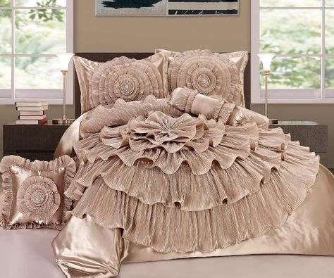 Champagne Bed, Ruffled Bedding, Paris Themed Bedroom, Luxury Bedspreads, Bedroom Comforter Sets, Comforter Bed, Luxury Bedding Collections, King Comforter Sets, Comfortable Bedroom