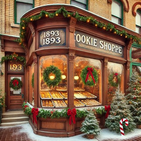 Christmas Bakery Shop, Christmas Bakery Aesthetic, Christmas Bakery, Bakery Shop Design, Christmas Destinations, Bright Copper, Christmas Town, Dream Holiday, Magical Christmas