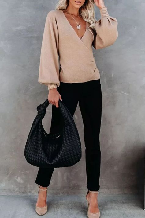 Autumn Sexy Criss Cross V-Neck Knitting Blouse Elegant Lady Pure Loose Sweater Winter Women Casual Long Sleeve Warm Pullover Top Better Sweater Outfit, Knitting Blouse, Blouse Elegant, Elegant Lady, Loose Sweater, Solid Clothes, Winter Sweaters, Color Khaki, Pure Color