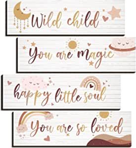 Some signs to hang up in your nursery. Too Cute! Boho Rainbow Decor, Baby Wall Stickers, Boho Rainbow Nursery, Boho Rainbow Wall, Baby Wall Decor, Rainbow Wall Decor, Rainbow Nursery Decor, Rainbow Room, Wooden Decoration