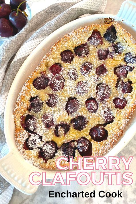 Cherry and custard like cake in a white baking dish with text overlay. Cherry Clafoutis, Dutch Pancakes, Dutch Baby Pancake, Easy To Make Desserts, French Dessert, Dutch Baby, Fresh Cherries, Foodie Recipes, Fruit Recipes