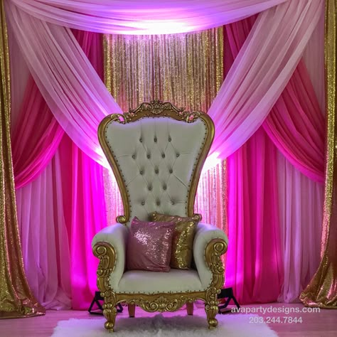 Party Rental Package 1A with Duchess Throne Chair, Light Pink, Hot Pink and Gold Premium Pipe and Drape Backdrop and complimentary accessories (uprights, pillows and rug) Chair Decoration Ideas, Birthday Chair, Hot Pink Decor, Sweet 16 Party Decorations, Pipe And Drape Backdrop, Pink Sweet 16, Pink Quince, Quince Decorations, Sweet 16 Decorations