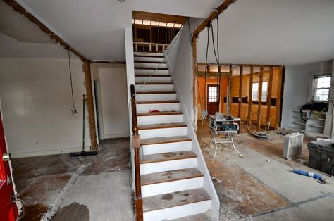 staircase reno  open concept  SoPo Cottage: The Beach Cottage - Reinventing a 1940's Cape Cod Cape Cod Interiors, Cape Cod House Interior, Cape Cod Renovation, Home Renovation Ideas, Cape Cod Style House, Dark Living Rooms, Staircase Remodel, Living Place, Cape House