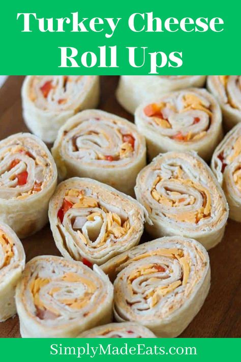 Turkey and cheese rolls up on platter. Turkey Cheese Roll Ups, Turkey And Cheese Roll Ups, Roll Up Sandwiches, Cheese Tortillas, Turkey Pinwheels, Cheese Roll Ups, Turkey Roll Ups, Cream Cheese Pinwheels, Cream Cheese Roll Up