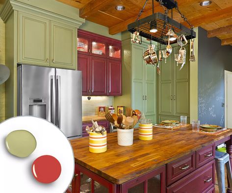 Kitchen Cabinets Colors, Kitchen Color Combos, Kitchen Cabinets Color Combination, Kitchen Cabinets Painted, Cabinets Colors, Kitchen Cabinet Color Ideas, Two Tone Kitchen Cabinets, Red Cabinets, Cabinets Painted