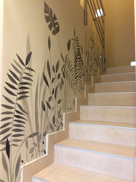 Mural Stairs Wall, Wall Murals Painted Stairways, Mural Up Staircase Wall, Stair Wall Mural Painting Ideas, Tree Wall Painting Stairs, Space Wall Painting, Simple Wall Paintings, Home Wall Painting, Staircase Wall Decor