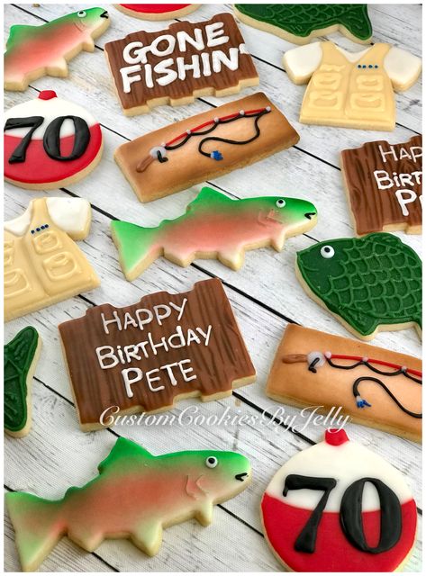 Gone Fishin’ Cookies @customcookiesbyjelly #customcookiesbyjelly #sugar #cookies #fishingcookies #birthday Fishing Birthday Cookies, Camo Cookies, Fishing Cookies, Hunting Cake, Fish Cookies, Happy 17th Birthday, Happy 8th Birthday, Vanilla Sugar Cookie, Food Allergens