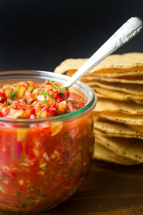 restaurant style roasted red pepper salsa Red Pepper Salsa Recipe, Grammas Recipes, Roasted Pepper Salsa, Red Pepper Salsa, Roasted Red Pepper Salsa, Hors Devours, Red Pepper Recipes, The View From Great Island, Pepper Salsa