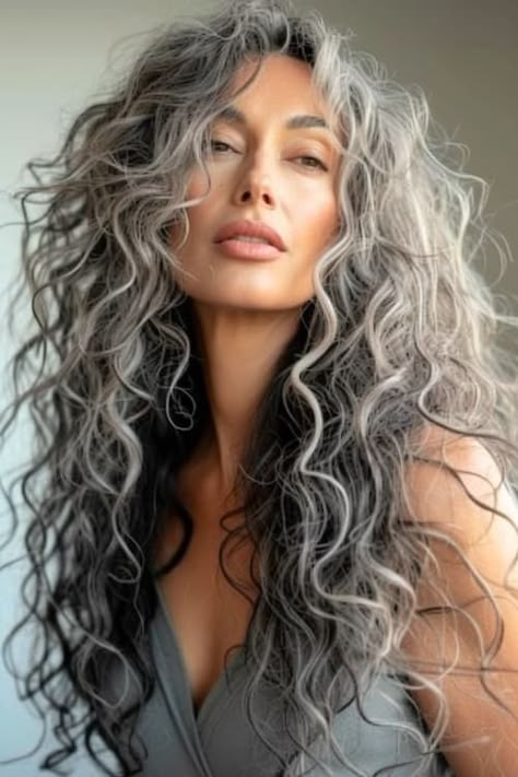 Salt And Pepper Women's Hair, Long Curly Salt And Pepper Hair, Long Gray Curly Hair Over 50, Long Grey Curly Hair, Long Curly Gray Hair, Salt And Pepper Curly Hair, Long Salt And Pepper Hair, Gray Curly Hair Natural Curls, Curly Grey Hair Natural Curls