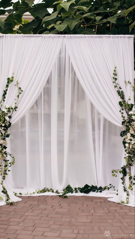 Sheer Curtain Backdrop, Curtain Backdrop Ideas, Wedding Cake Backdrop, Backdrop Draping, Linen Backdrop, Backdrop Greenery, Backdrops Ideas, Diy Reception, Draping Design