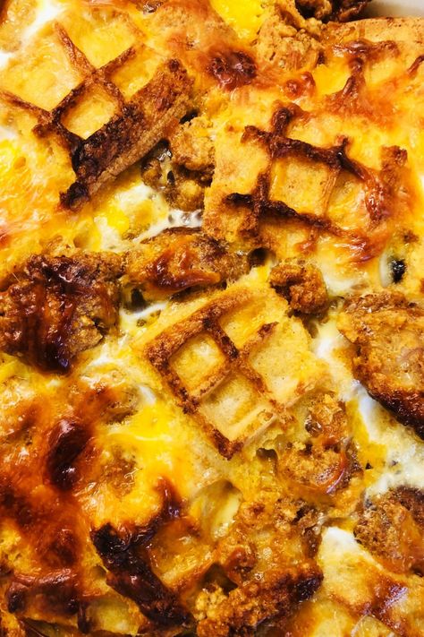 A fun spin on chicken and waffles, so yummy and easy to make! #whatsfordinner Chicken And Waffle Casserole, Waffle And Chicken, Waffle Casserole, Spicy Maple Syrup, One Pan Meal Prep, Maple Breakfast, Waffle Pizza, Breakfast Waffles, Popcorn Chicken