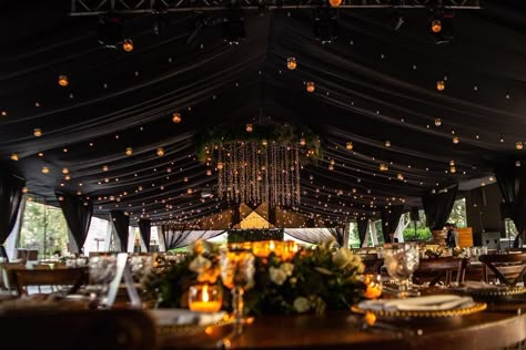 Black Wedding Drapery, Black Wedding Tent, Black Tent Draping, Black Tent Wedding, Black Draping Wedding, Velaris Wedding, Outdoor Wedding Tent Decor, Pole Tent Wedding, Tent Wedding Ideas