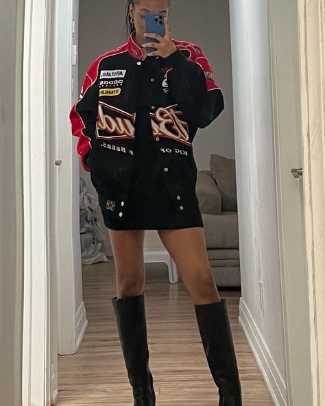 Oversized Nascar Jacket Outfit, Nascar Racer Jacket, Red Nascar Jacket Outfit, Racer Jacket With Skirt, Nascar Themed Outfit, Race Car Driver Jacket Outfit, Oversized Racer Jacket, Vintage Racer Jacket Outfit Women, Style Racing Jacket