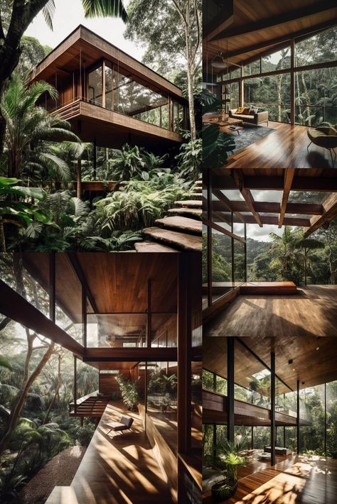 Located in the middle of a mountain surrounded by tropical trees and lush vegetation, the house is designed to harmoniously integrate with the natural environment, with a modern architectural style that mainly uses wood and concrete materials. Wood is used both in the exterior cladding and in the interior of the house, providing warmth and texture. #architecture #architect #amazingarchitecture #design #interiordesign #interiordesigner #decor #homedecor #home #house #luxury #diy #travel #amazing Tropical Wood House, Mountain Forest House, Bali Jungle House, Modern Wood Architecture, House In Nature Forests, Nature House Exterior, Modern Home In Woods, Tropical Tree House, Jungle House Exterior