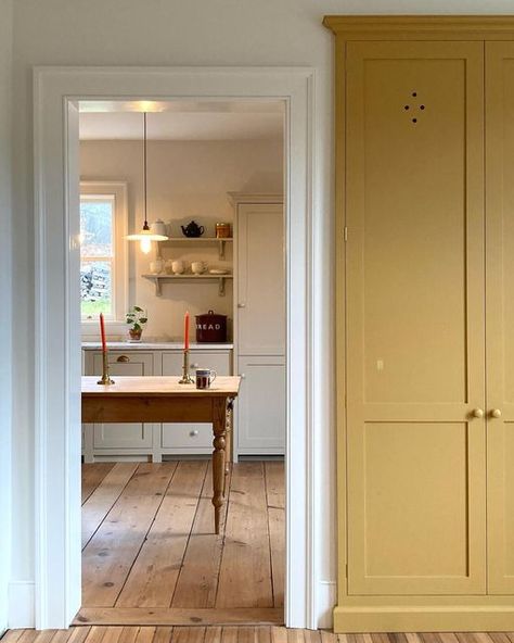 Yellow Mudroom, Yellow Cupboards, Mudroom Cabinets, Devol Kitchens, Yellow Beige, Tidy Up, Fresh Start, Country Kitchen, Built Ins