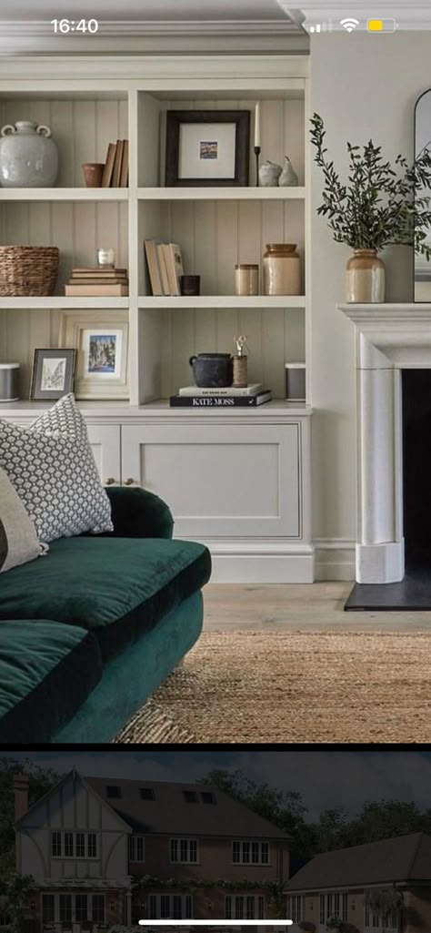 Sitting Room Cabinet Ideas, Fitted Shelving Living Room, Lounge Cupboard Ideas, Panelled Alcoves Living Room, Lounge Built In Cupboards, Cottage Media Wall, Wide Alcove Ideas Living Room, Neutral Victorian Living Room, Alcove Units Living Room