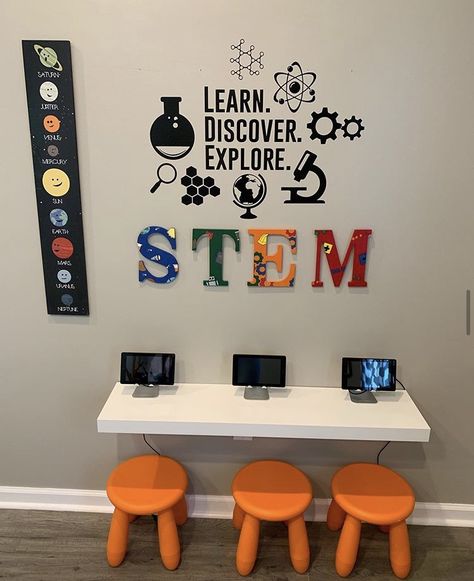 Science Lab Decoration Ideas, Technology Center Preschool, Physics Decoration, Science Room Decor Classroom Ideas, Daycare Decorating Ideas, Daycare Rooms Setup, In Home Daycare Ideas, Stem Classroom Decor, Daycare Setup