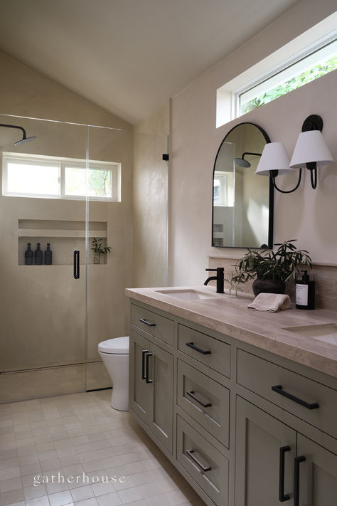 Napa Valley inspired bathroom with roman clay walls and microcement shower Plaster Shower Walls Concrete Bathroom, Microcement Shower Walls, Cement Shower Walls, Roman Clay Bathroom, Black Hardware Bathroom, Roman Clay Walls, Bathroom Concrete Countertops, Microcement Bathroom, Clay Walls