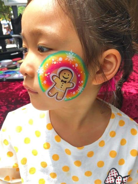 From Nancy Wu, using Leanne's Island Girl, Diva Stencils for snowflake and gingerbread man Gingerbread Man Face Paint, Holiday Face Paint, Christmas Face Painting For Kids, Christmas Face Painting Easy, Christmas Face Paint Ideas, Winter Face Paint, Easy Halloween Face Painting, Face Painting For Boys, Christmas Face Painting