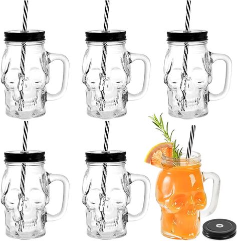 6 Pack Glass Mason Drinking Jars with Handle, 16 Oz Skull Beer Mugs Wide Mouth Tumbler Cup with Straws, Pub Bar Drinking Mugs for Beverage, Liquor, Cold Drinks Mason Jar Sizes, Mason Jars With Handles, Halloween Party Drinks, Mason Jar Mugs, Beverage Glasses, Home Wet Bar, Drinking Jars, Halloween Mugs, Canning Lids