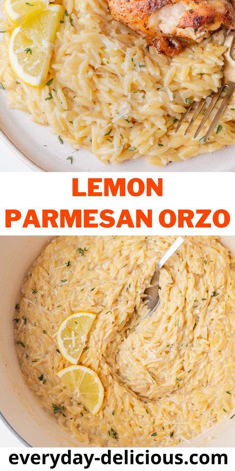 Lemon parmesan orzo is a delightful side dish made with orzo seasoned with lemon, garlic, and parmesan. It's so easy to make, creamy yet bright and zesty, so flavorful. You will eat this by the spoonful! It goes great with everything. If you're looking for an easy side for chicken, shrimp, fish, or even vegetables - it's perfect! Lemon Parmesan Orzo, Orzo Side Dish, Side For Chicken, Orzo Side, Creamy Orzo Pasta, Dinner Soup Recipes, Garlic Parmesan Shrimp, Parmesan Orzo, Side Dishes For Salmon