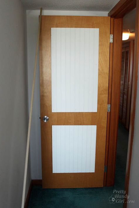 How to Add Panels to Flat Hollow Core Door | Pretty Handy Girl Plain Door Makeover, Hollow Core Door Makeover, Interior Door Makeover, Door Molding Kit, Hollow Core Door, Flat Doors, Door Remodel, Diy Beadboard, Diy Doors