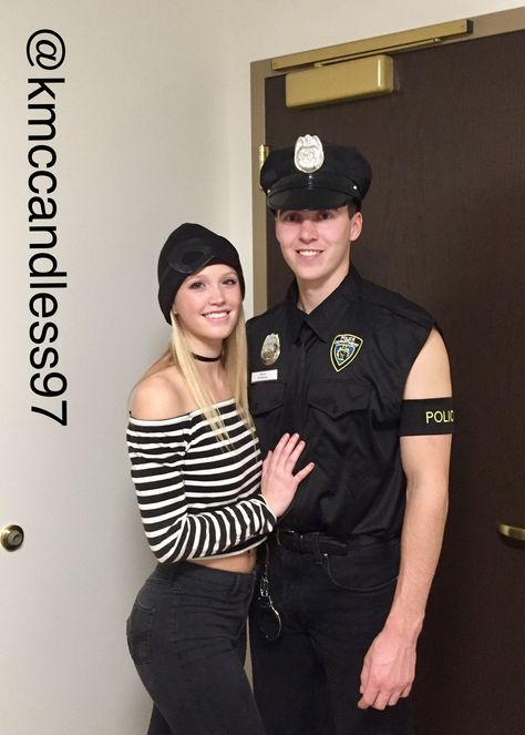 Halloween Couple’s Costume: Cop and Robber Cute Robber Halloween Costume, Robber Outfit, Black Couple Halloween Costumes, Cops And Robbers Costume, Cops And Prisoner Costume, Robber Halloween Costume, Robber Costume, Cop Halloween Costume, Police Halloween Costumes