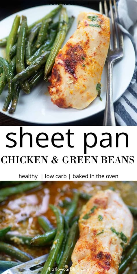 Sheet Pan Chicken And Green Beans is a healthy and easy weeknight dinner. This is a wholesome dinner that can be baked up in no time. If you are looking for a sheet pan dinner recipe, this is it. #chicken #greenbeans #recipe #dinner #sheetpan #chickenandvegetables #greenbeans Sheet Pan Chicken Green Beans, Pan Green Beans, Oven Green Beans, Pan Chicken Breast, Chicken And Green Beans, Baked Green Beans, Sheet Pan Meals Chicken, Chicken Green Beans, Sheet Pan Dinners Chicken