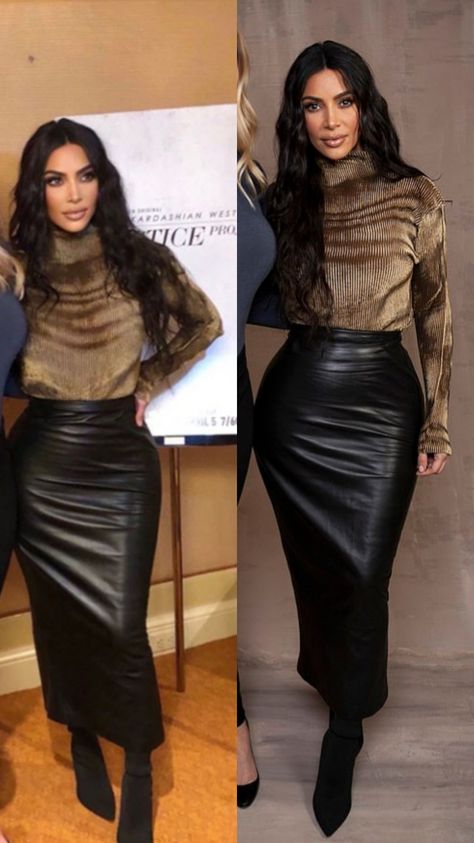 Kim K Winter Outfits, Kardashian Beauty, Envy Clothing, Kim Kardashian Outfits, Leather Skirt Outfit, Celebrity Style Icons, Kardashian Outfit, Kim Kardashian Style, Leather Skirts