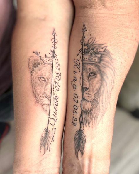 King And Queen Lion Tattoo For Couples, Queen Lioness Tattoo, Lion Lioness Tattoo Couple, Lion Couple Tattoo, Couples Lion Tattoo, Lioness Tattoos, Partner Tattoo, Lion And Lioness Tattoo, Lioness Tattoo Design