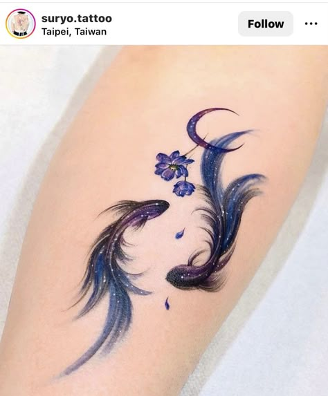 Yin Yang Koi Fish Tattoo Colored, Meaningful Color Tattoos, Fish Tattoos For Women, Yin Yang Fish Tattoo, Koi Fish Tattoos, Colored Tattoo, Pisces Tattoo Designs, Circle Tattoos, Dragon Tattoo For Women