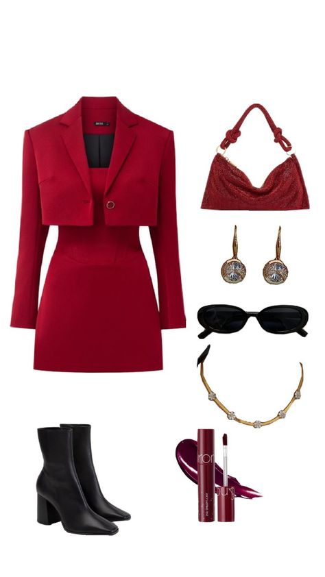 red blazer, bodycon dress, lipstick, necklace, cult gaia bag,boss lady, aesthetic Red Co Ord, Co Ord, Red