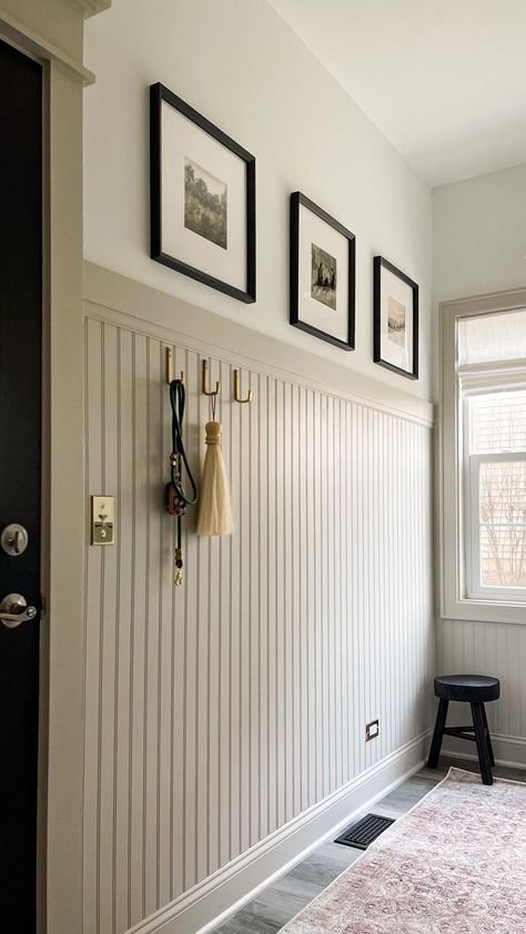 Customizing our home one room at a time. My biggest tip for creating a custom look in a builder grade home is wall treatments. Installing… | Instagram Installing Beadboard, Brass Switch Plates, Painted Beadboard, Beadboard Wall, Brass Switch, Beadboard Bathroom, Bead Board Walls, Wainscoting Panels, Builder Grade