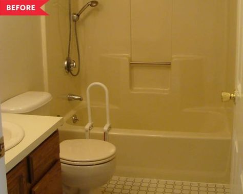 Before and After: A Dark, Dated Bathroom Goes Bright—No Windows Required Bathroom Without Windows, Small Dark Bathroom, House Flips, Windowless Bathroom, Bathroom Downstairs, Small Bathroom Paint, Small Full Bathroom, Dark Bathroom Ideas, Dark Bathrooms